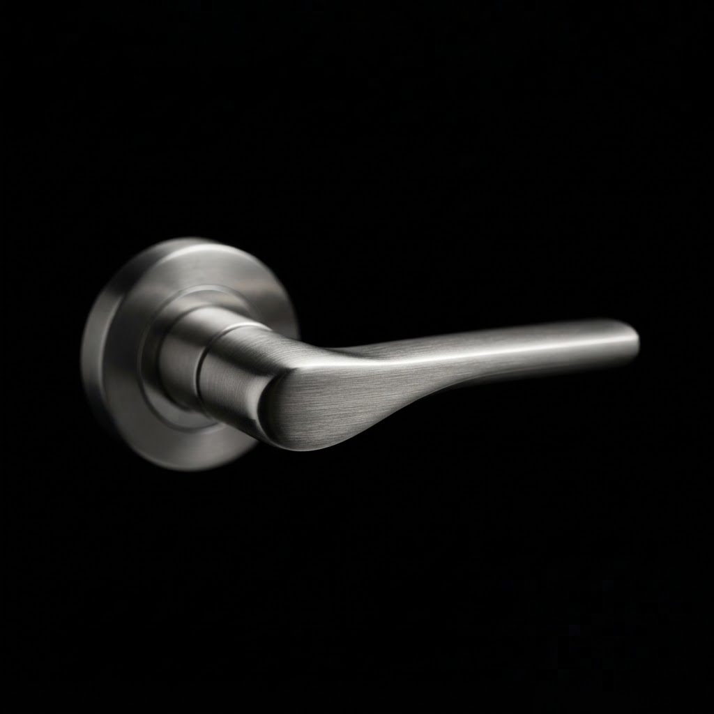 Macro close-up of a brushed stainless steel architectural lever handle