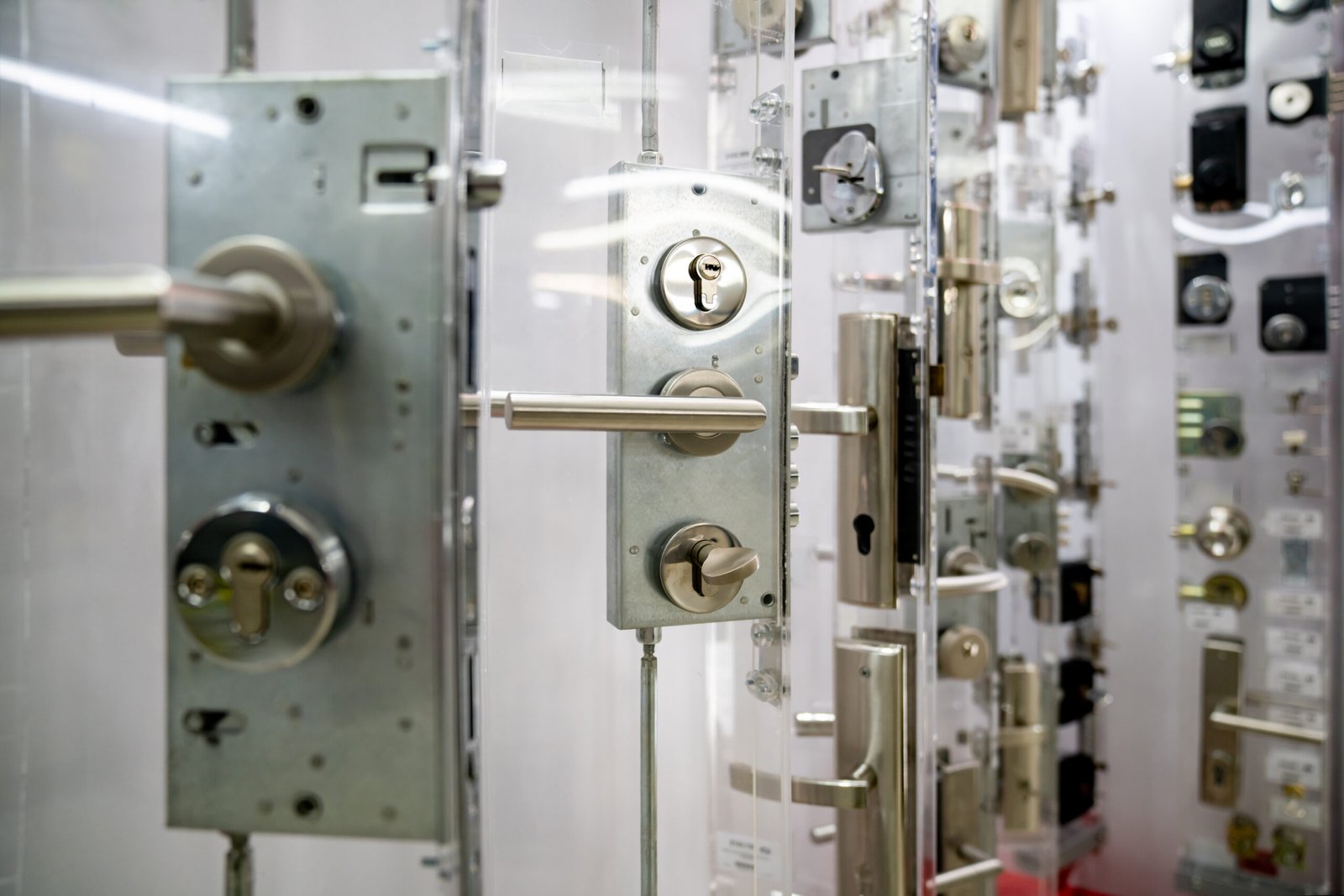 door handles and door locks displayed in a hardware store