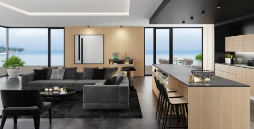 modern interior design of a coastal home with furniture, lighting, home hardware and sliding door